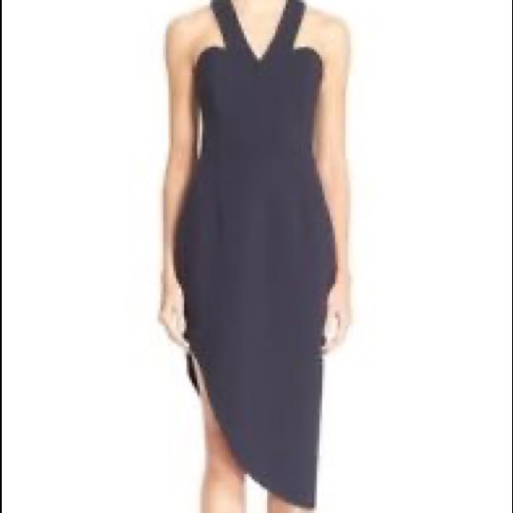 Navy asymmetrical cocktail dress by Nicholas.